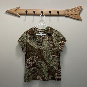 Caribbean Joe | Green & Brown Paisley V-neck Short Sleeve Top Medium Floral